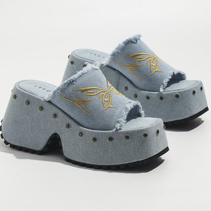 Lolita Denim Embroidered Bow Platform Shoes LS0530