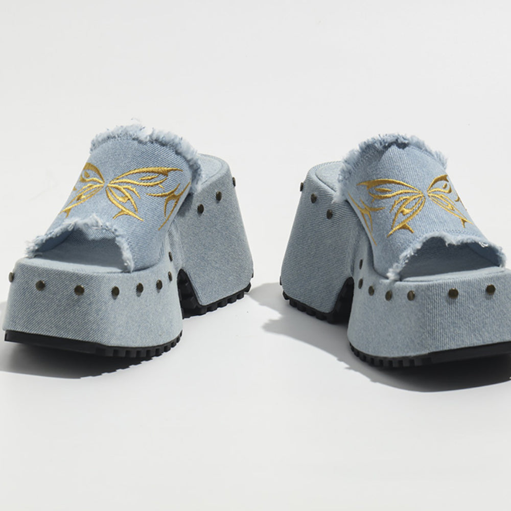 Lolita Denim Embroidered Bow Platform Shoes LS0530